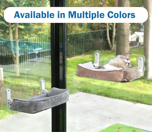 Zakkart Foldable Cat Hammock for Window with Bolster - Cordless, Three-Side Bolstered Machine Washable Fluffy Bed, Robust Metal Frame - Cat Window Perch for Large Cats and Kittens - Brown/White