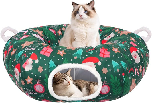 Christmas Tree Cat Tunnel, Soft Cat Tunnels for Indoor Cats with Middle Cushion, Cute Pet Donut Cave Bed Play Toys, Xmas Tree Decorations Protector Gifts