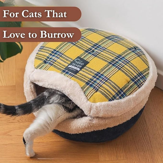 Cat Bed Cave– Enclosed Self Warming Hideaway with Detachable Lid & Mat, Covered House for Indoor Kitten & Kitty (Brown)