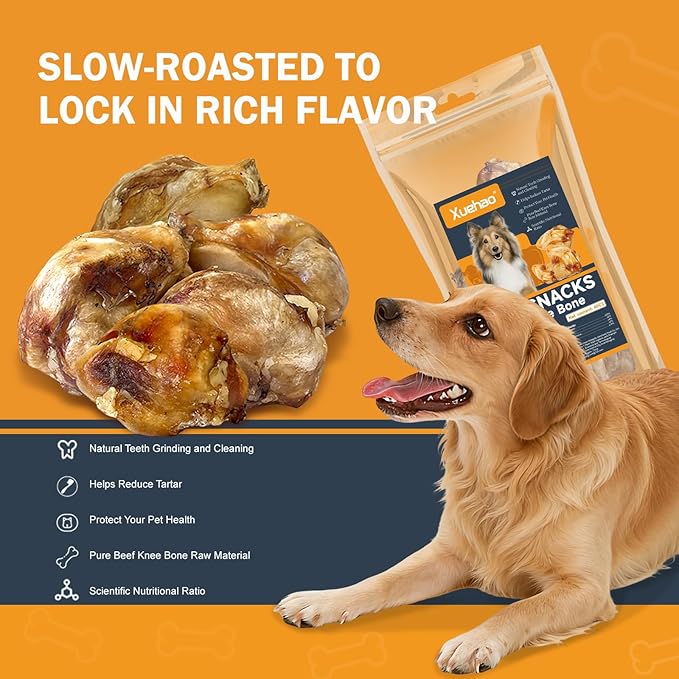 Xuehao Natural Beef Bone Knee Caps，Long Lasting Natural Dog Bones（4 Pack）,for Small, Medium and Large Dogs,Long-Lasting Chews,Protect Your Dog's Teeth