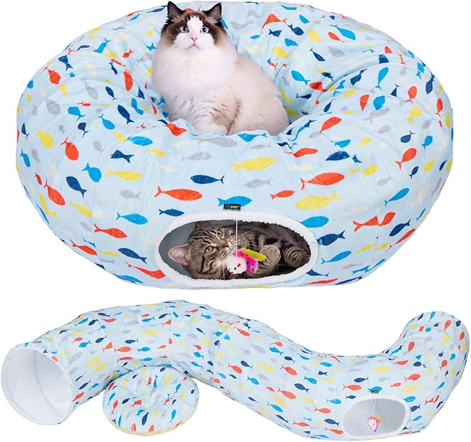 Ownpets Large Cat Tunnel Bed, Soft Plush Cat Donut Tunnel Bed with Washable Cushion, Peekaboo Cat Cave for Indoor Kitten, Puppy, Rabbit, Blue