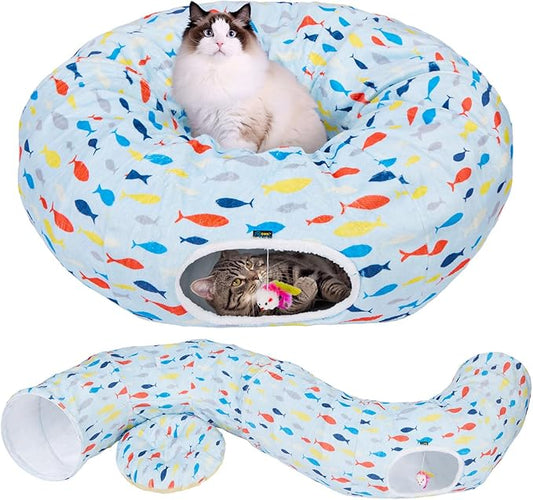Ownpets Large Cat Tunnel Bed, Soft Plush Cat Donut Tunnel Bed with Washable Cushion, Peekaboo Cat Cave for Indoor Kitten, Puppy, Rabbit, Blue