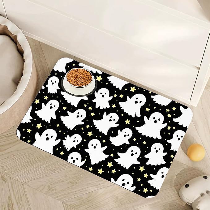 Halloween Pet Feeding Mat,Ghosts Absorbent Quick-Dry Cat Dog Food and Water Bowl Mats,Non-Slip Rubber Backing Mat,Cat Dog Accessories Supplies 12"x20"