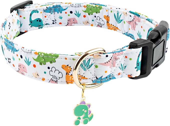 Faygarsle White Dinosaurs Print Cotton Dog Collar for Small, Medium, Large Boys Girls Dogs L