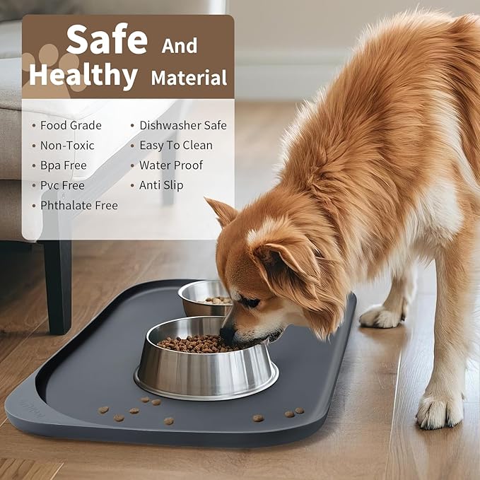 Silicone Pet Food Mat with Raised Edge for Food and Water Bowl, Dog Feeding Mats, Cat Food Trays for Floor Waterproof, Rubber Tray for Dogs and Cats, 22 x 14 x 0.8 Dark Gray