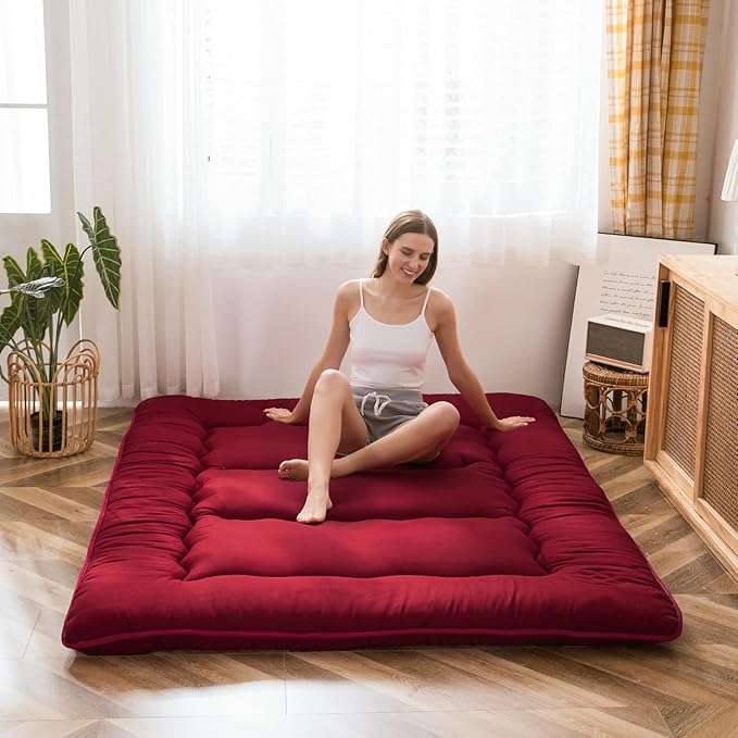 MAXYOYO Japanese Floor Mattress Futon Mattress, Thicken Sleeping Pad Foldable Roll Up Floor Futon for Adults Tatami Mat Dormitory Bed Lounger, Burgundy, Twin