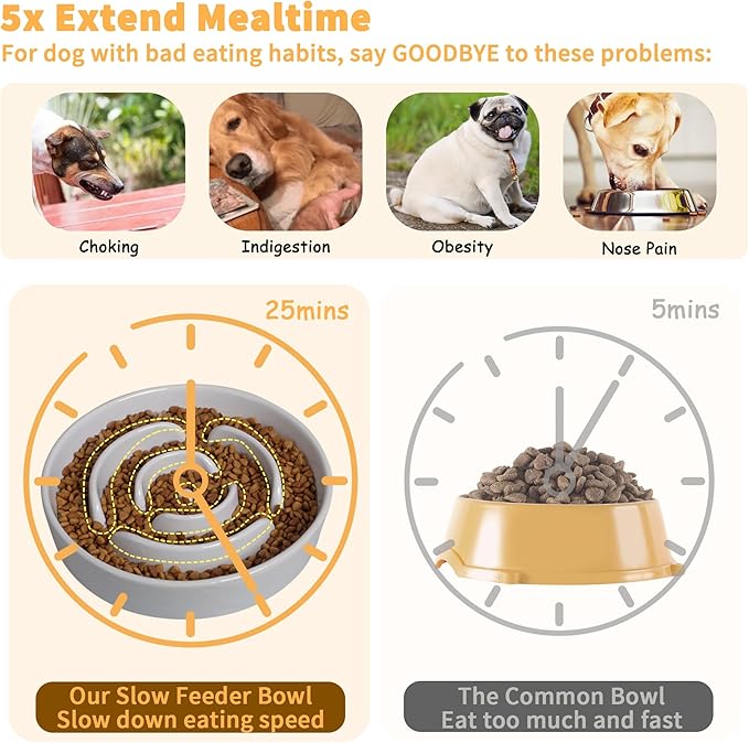 Elevated Slow Feeder Dog Bowl - Puzzle Maze Dish with Bamboo Stand - Raised Ceramic Food Bowl for Medium and Large Dogs - Grey - 8.8 inch