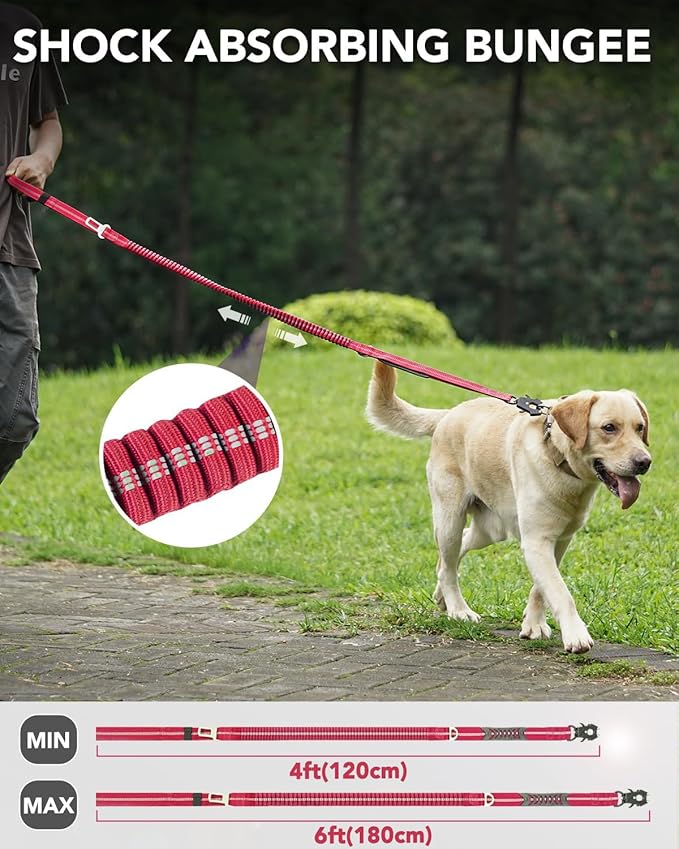 Joytale Tactical Dog Leash Heavy Duty, 4-6FT Shock Absorbing Bungee Lead with 2 Padded Handle, Metal Carabiner Clip, Car Seatbelt, Strong No Pull Leash for Medium Large X-Large Dogs, Hot Pink