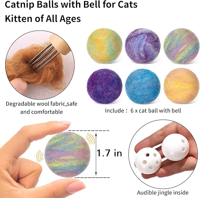 Retro Shaw Cat Toys Balls,Catnip Ball with Bell Inside,Wool Balls Toy with SilverVine Catnip Fill, Upgraded,Interactive Cat Nip Ball for Indoor Kitten Kitty 6 Pcs