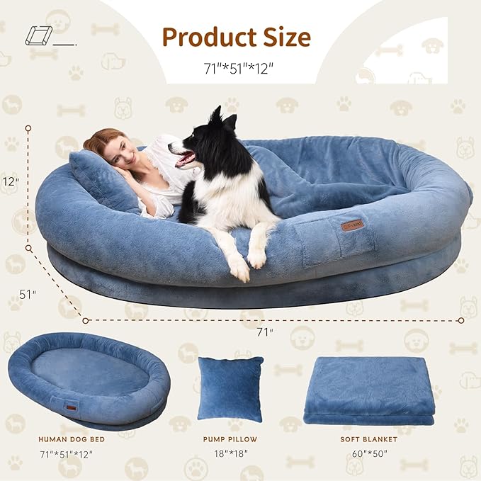 Human Dog Bed for Adults, 71"x51"x12" Washable Orthopedic Size, Faux Fur Removable, Cozy Large Present with Blanket and Pillow, Grayish Blue
