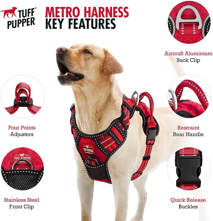 Tuff Pupper No Pull Easy Walk Dog Harness | Heavy Duty Pet Vest | Front & Back Leash Clips | Strong Safety Handle | Reflective Anti Pull Vest | Comfortable Padded Escape Proof Harness (Large, Red)