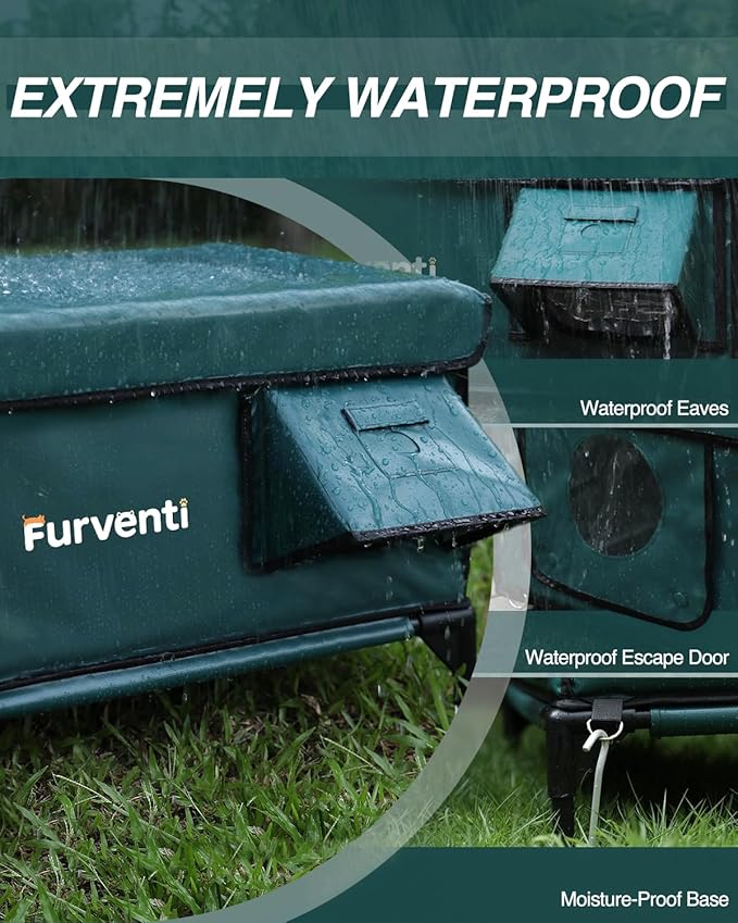 Heated Cat House for Outside,Dual Camera Mounts,100% Weatherproof & Extremely Insulated,Elevated Feral Cat Shelter with Escape Door,Waterproof Eaves for Outdoor Stray Barn Cat(Dark Green,M)