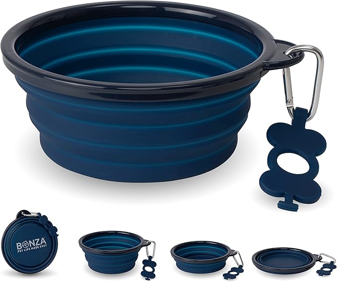Bonza Collapsible Dog Bowls - Large 33 Oz, Dog Travel Accessories, Silicone Portable Dogs Bowl & Water Dish with Reinforced Rim & Carabiner for Hiking, Camping, and Car Trips, Navy Blue