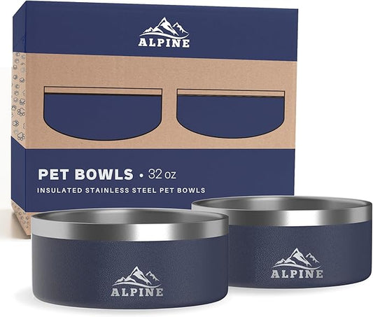 ALPINE Set of 2 Stainless Steel Dog Bowls, Non Slip, Metal Pet Bowl for Food and Water, Double Walled Insulated, Rustproof, Dishwasher Safe (32 oz, Navy)