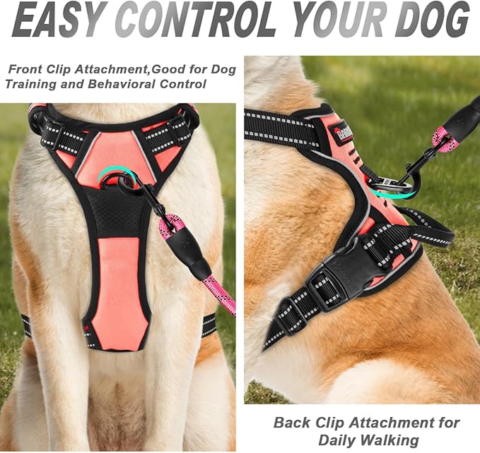 BARKBAY No Pull Dog Harness Front Clip Heavy Duty Reflective Easy Control Handle for Large Dog Walking(Light Pink,L)