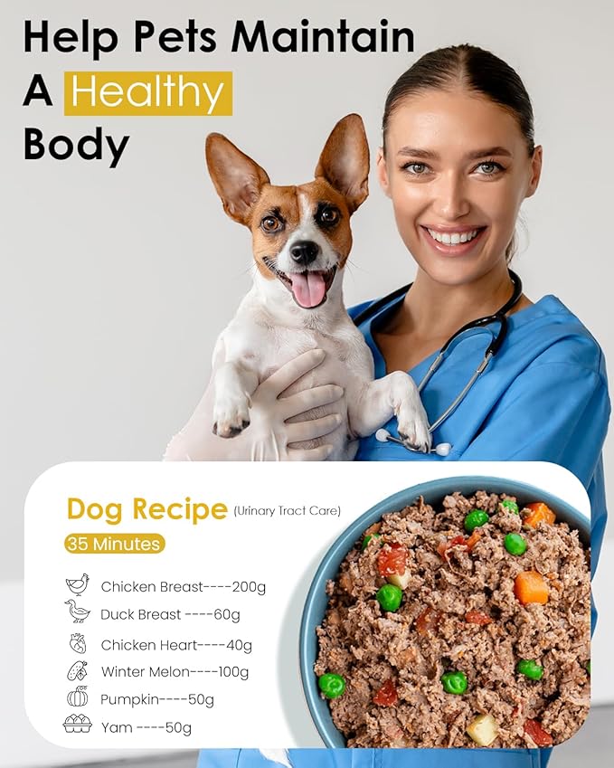 Pet Fresh Meal Maker, Auto 5-in-1 Pet Food Cooker with Chop,Slow Cook, Mix, Self-cleaning and Timer, 2.6 Quart Capacity Dog Food Maker Makes 1.5 Lbs Foods for 2 Dogs, DIY Pet Recipes, Wet or Dry Food.