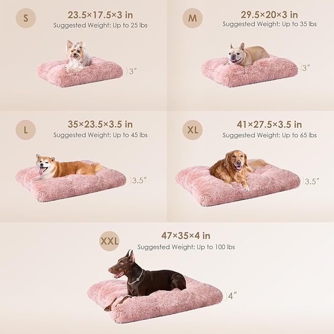 EHEYCIGA Fluffy Dog Crate Bed for Extra Large Dogs, Plush Faux Fur Crate Pad, Calming Anti Anxiety XL Dog Bed, Washable Soft Warm Crate Mat with Non-Slip Bottom, Pink