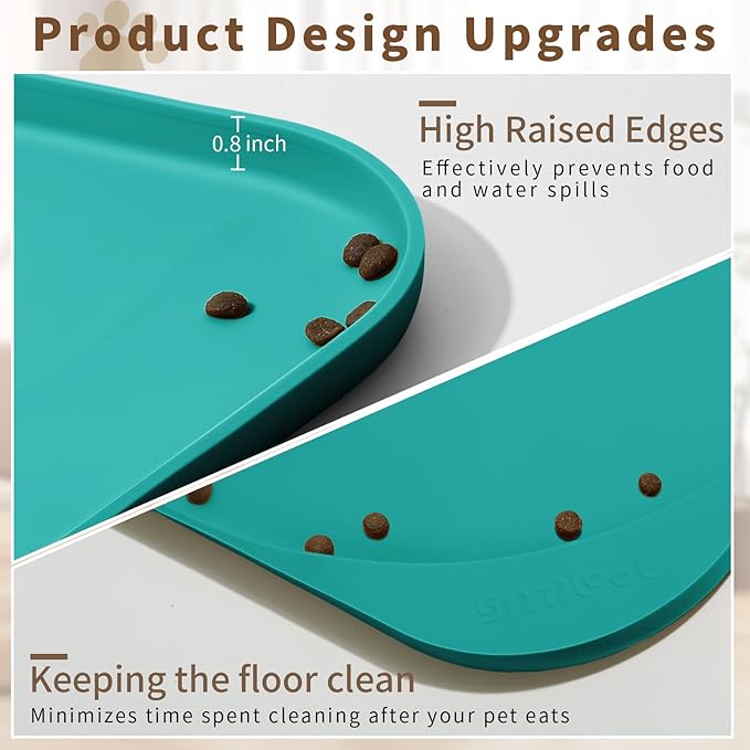 Silicone Pet Food Mat with Raised Edge for Food and Water Bowl, Dog Feeding Mats, Cat Food Trays for Floor Waterproof, Rubber Tray for Dogs and Cats, 24 x 16 x 0.8 Dark Turquoise