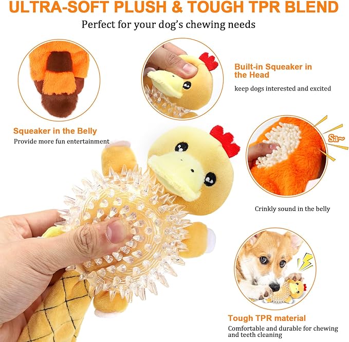 Interactive Squeaky Dog Toys for Small, Medium & Large Dogs, 3-Pack No-Stuffing Plush Chew Toys with Crinkle Sound – Durable, Safe Teething & Boredom Relief Toys for Puppies and Adult Dogs