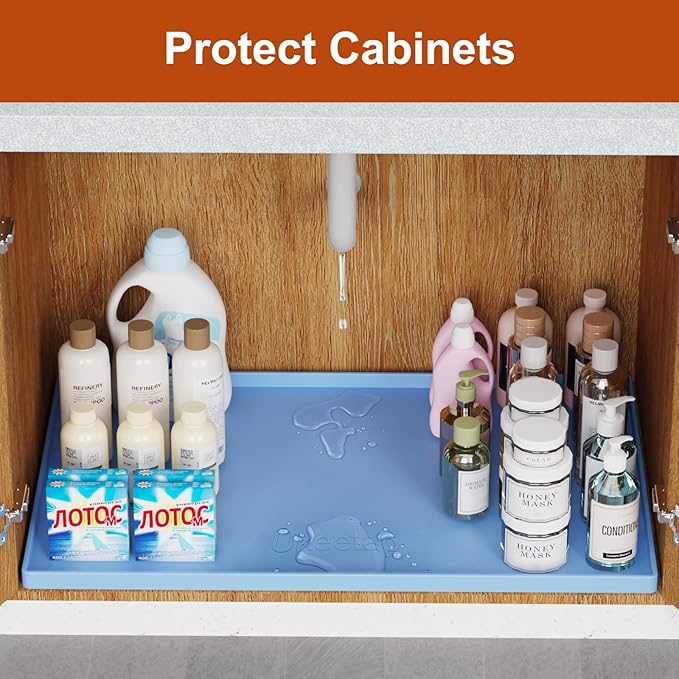 22" x 19" Extra Thick Waterproof Silicone Mat with Raised Edge, Under Sink Mat for Kitchen & Bathroom, Kitchen Cabinet Liner, Multi-Purpose for Storage & Protection, Blue