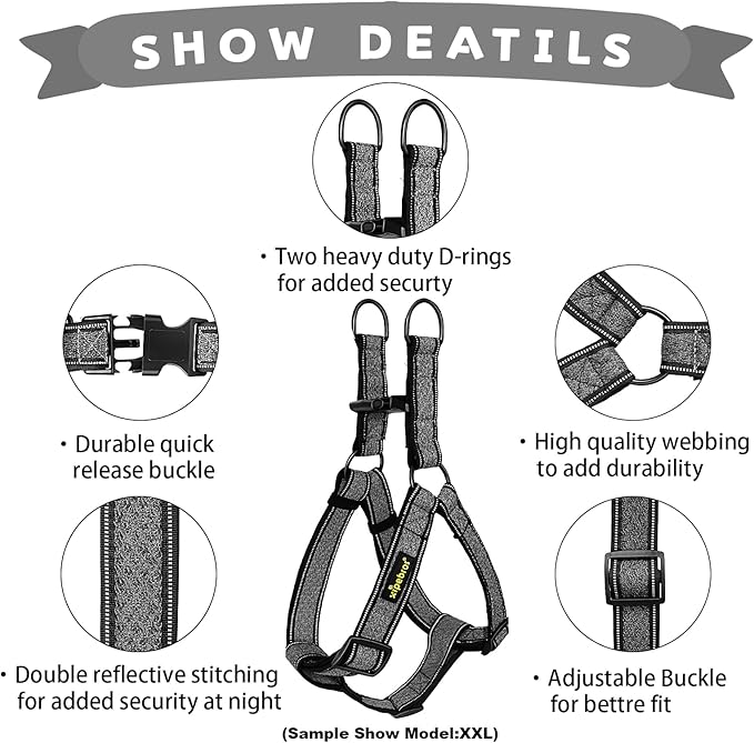 Dog Harness, No Pull, Reflective, Adjustable, XL, Black for Medium/Large Dogs
