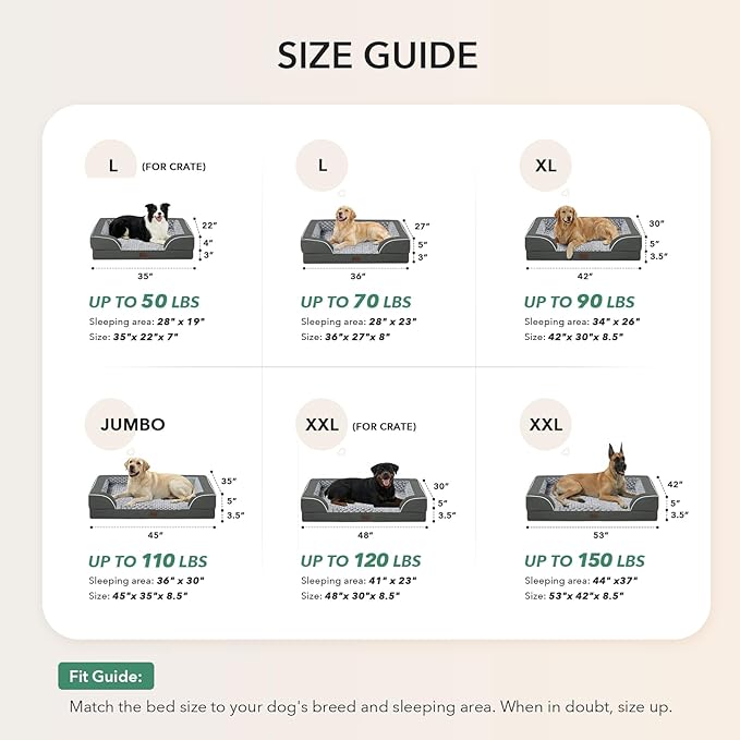 Orthopedic XL Dog Beds, Waterproof Memory Foam Big Pet Bed for Extra Large Sized Dogs 45x35Inch, Non-Slip Bottom and Egg-Crate Foam Dog Couch Bed with Washable Removable Cover, Dark Grey