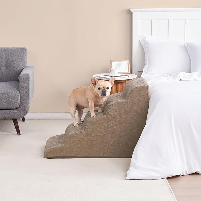 EHEYCIGA Curved Dog Stairs Ramp for High Beds, 5-Step Extra Wide Dog Steps for Small Dogs and Cats, Pet Stairs for High Bed Climbing, Non-Slip Balanced Pet Step Indoor, Camel