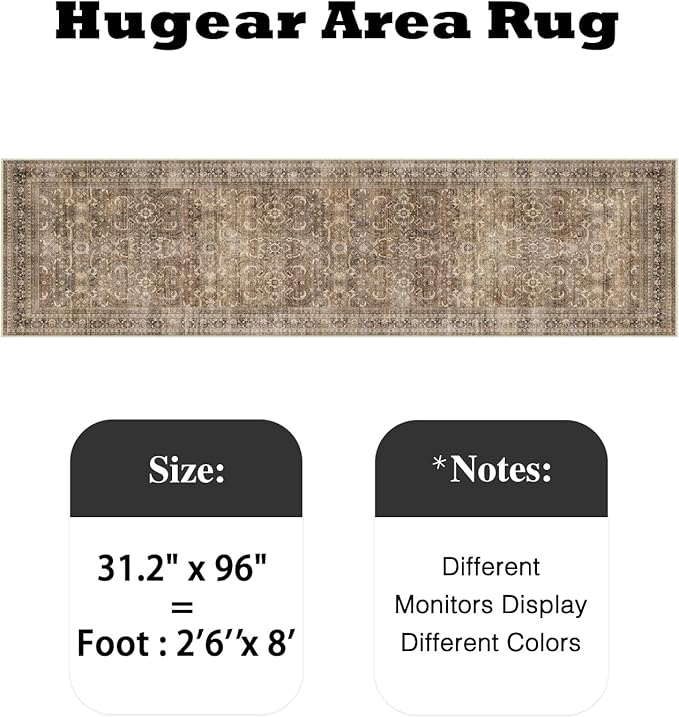 HUGEAR 2'6''x8' Runner Rug Hallway Vintage Brown Machine Washable Retro Floral Low Pile Carpet Vacuumable Distressed Long Throw Rug Bedroom Office Bathroom Kitchen Laundry Non Slip Soft Lightweight