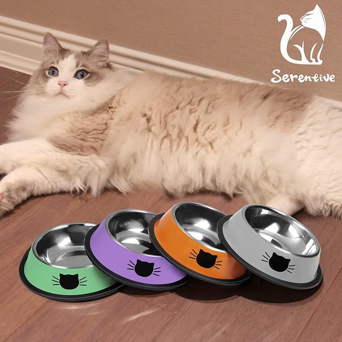 2 Pcs Non-Slip Stainless Steel Small Cat Food Bowls - Unbreakable, Thicken 7 Oz Cat Dishes - Indoor, Removable Rubber Base, Easily Clean, Lovely Color