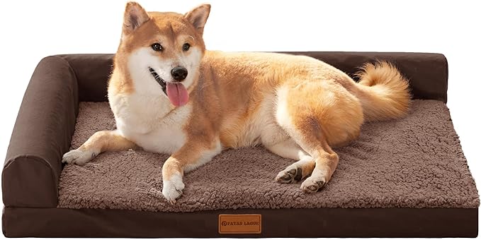Patas Lague Orthopedic Dog Bed Medium Size Dog 30''X20'', Waterproof L Bolster Medium Pet Sofa Beds with Removable Washable Cover, Soft Comfortable Pet Couch Crate Mat with Nonskid Bottom, Brown