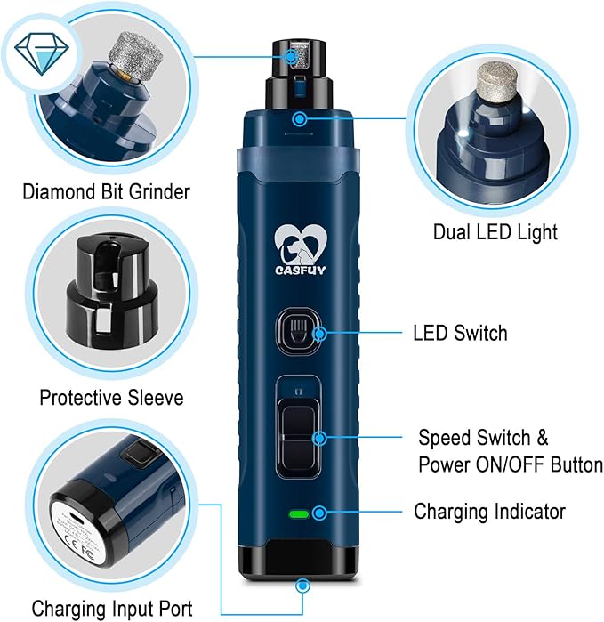 Casfuy Dog Nail Grinder with 2 LED Light - 4.8V Super Powerful 2-Speed Electric Pet Nail Trimmer for Medium Large Dogs Quiet Rechargeable Painless Paws Grooming & Smoothing Tool (Dark Blue)
