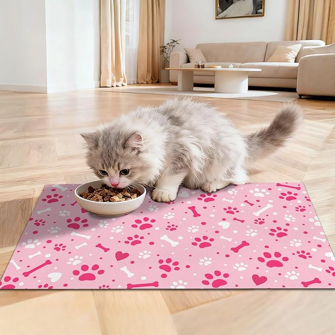 Pink Paw & Bone Dog Food Mat, Dog Cat Feeding Mat, Non-Slip Super Absorbent Pet Food Pad, Pet Bowl Mat for Food & Water Bowls, Dog Enthusiast Home Decoration, 12 x 20 Inch