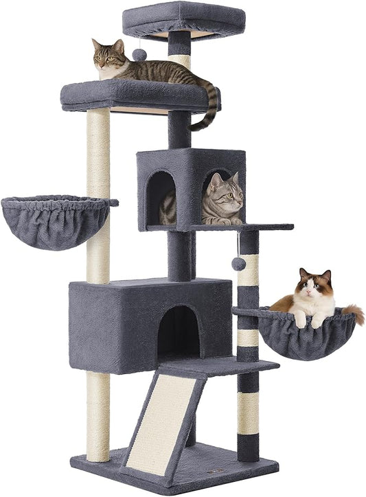 Feandrea Cat Tree, 68.5-Inch Tall Cat Tower, Multi-Level Plush Condo with Large Perch, Scratching Posts, Double Caves, Dark Gray UPCT006G02