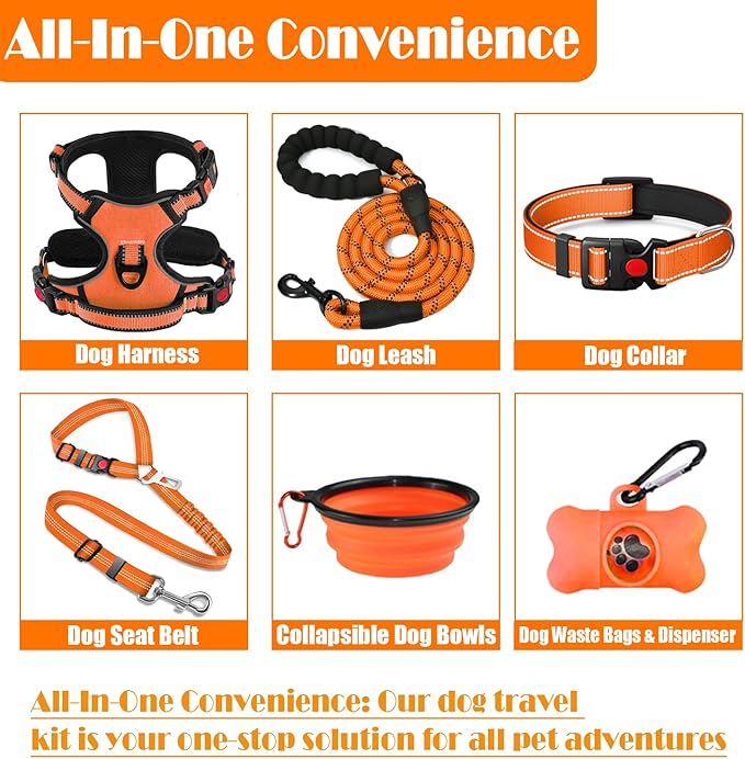 No Pull Dog Harness, Collar & Leash Set | Includes Dog Seat Belt, Collapsible Bowls & Poop Bag Dispenser. Ideal for Training, Walking, Hiking. Fits Small to Large Dogs(Orange-L)
