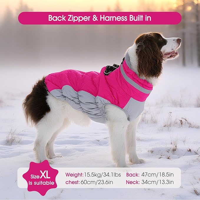 FUAMEY Dog Coat for Large Dogs,Waterproof Dog Winter Jacket with Harness Built in Puppy Cold Weather Coats Reflective Pet Vest with Zipper Warm Fleece Dogs Snowsuit Windproof Pink XXXL