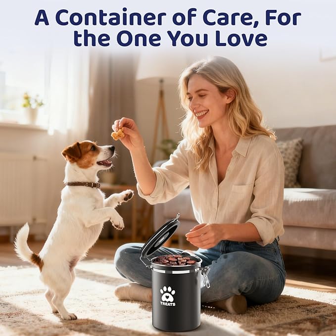 Dog Treat Container Airtight,5.9"x4.7" Stainless Steel Cat Treat Jar for Kitchen Counter with Scoop, Pet Storage for Fresh Dog Cookie