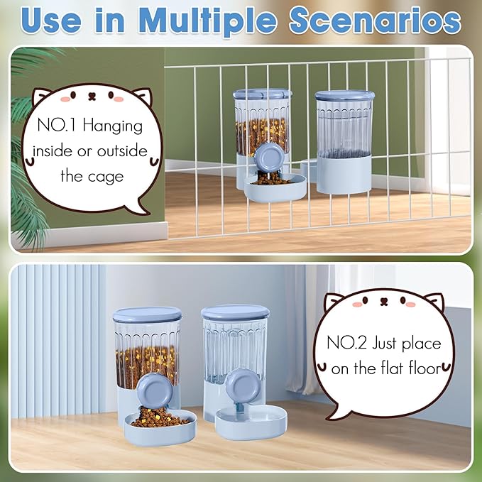 Hanging Small Pet Feeder and Water Dispenser, 1L Auto Cat Food Bowl and 0.8L Water Bottle Dispenser, Auto Gravity Pet Feeder and Waterer Set for Puppy, Kitten, Rabbit and Small Pets (Blue)