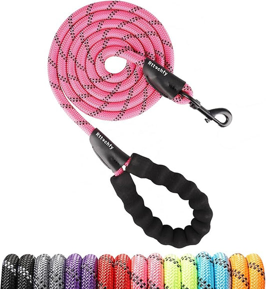 Rttochfy Rope Dog Leash 2/4/5/6/8/10 FT with Comfortable Padded Handle and Highly Reflective Threads for Small Medium and Large Dogs Heavy Duty (1/2"-10 FT, Pink)