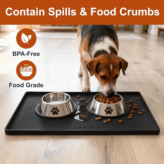19” x 12” Extra Thick Waterproof Silicone Mat with Raised Edge, BPA Free Non-Slip Dog & Cat Food Mat, Feeding Mat for Food and Water Bowls, Spill Proof Mat to Protect Floors, Black