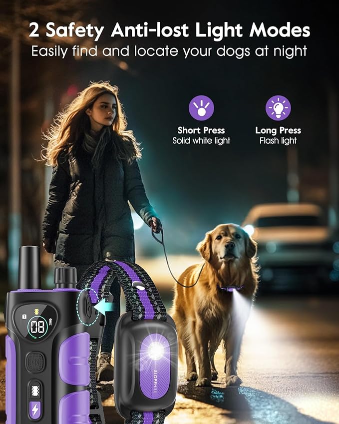 SLOPEHILL Dog Shock Collar,4200FT Dog Training Collar with Remote,IPX8 Waterproof E-Collar with Beep,Vibration,Shock,Flash Light,No Shock Mode,Electric Shock Collar for Small Medium Large Dog,Purple