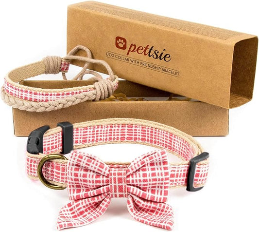 Pettsie Dog Bow Tie Collar with Matching Friendship Bracelet – Adjustable, Durable Hemp & Soft Cotton, Stylish & Comfortable for Sensitive Skin, Elegant Gift Box, Small, Pink