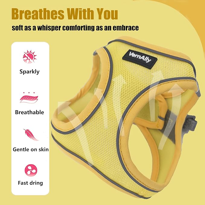 Sparkly Dog Harness Small Sized and Leash Set for Small Dogs Cats,Yellow S Puppy Harness, Step in Soft Dog Reflective Vest, Breathable Mesh Pet Harness. (Yellow, M)