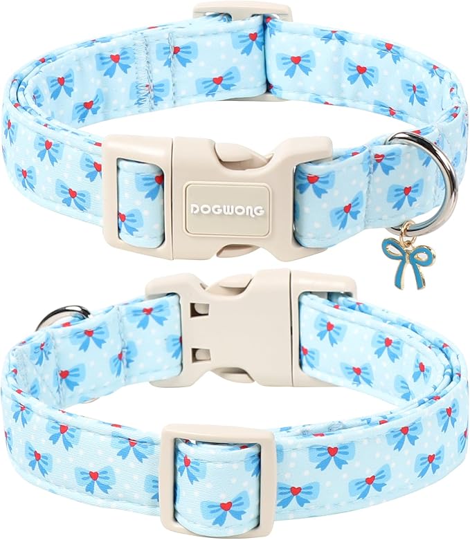 DOGWONG Blue Dog Collar, Cute Blue Boy Dog Collar Adjustable Soft Male Female Pet Dog Collar Bowtie Printed Puppy Collars for Small Dogs