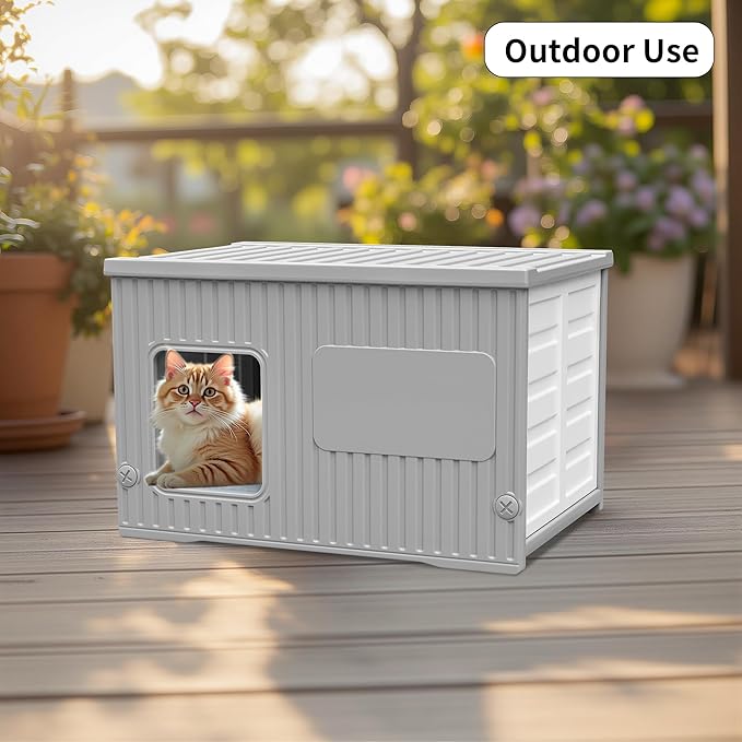 Waterproof Outdoor Cat House with Soft Mat, Plastic Cat Houses for Outdoor Cats Feral Cat House, Sturdy Cat Bed for Small Pet, Spacious, Assemble Easily-Grey