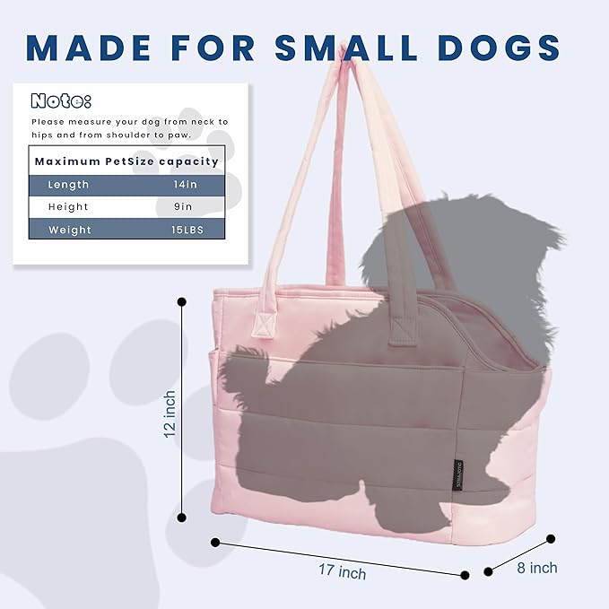 Lightweight Dog Purse Carrier for Small Dogs Under 15 lbs, Puffy Quilted Pet Carrier Tote for Puppies with Safety Leash Clip, Women's Hands-Free Dog Carrier Bag for Travel/Shopping (Pink)