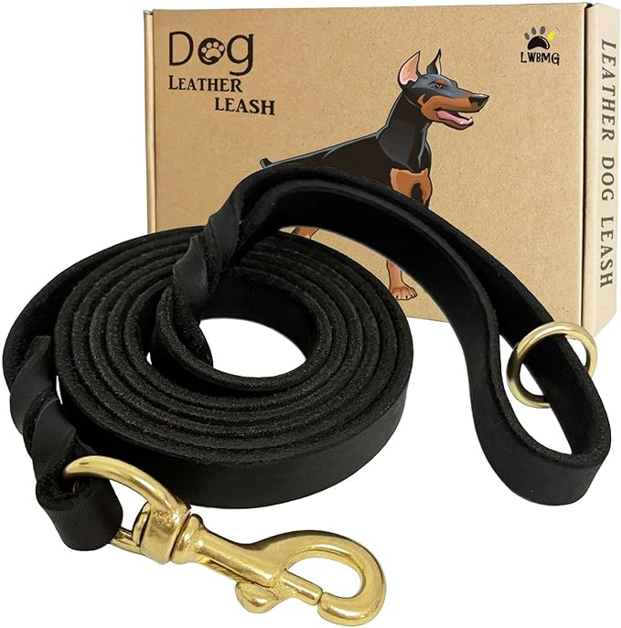 LWBMG Leather Dog Leash - 6ft x 3/4 inch Heavy Duty, Braided, Comfortable for Large, Medium & Small Dogs - Black