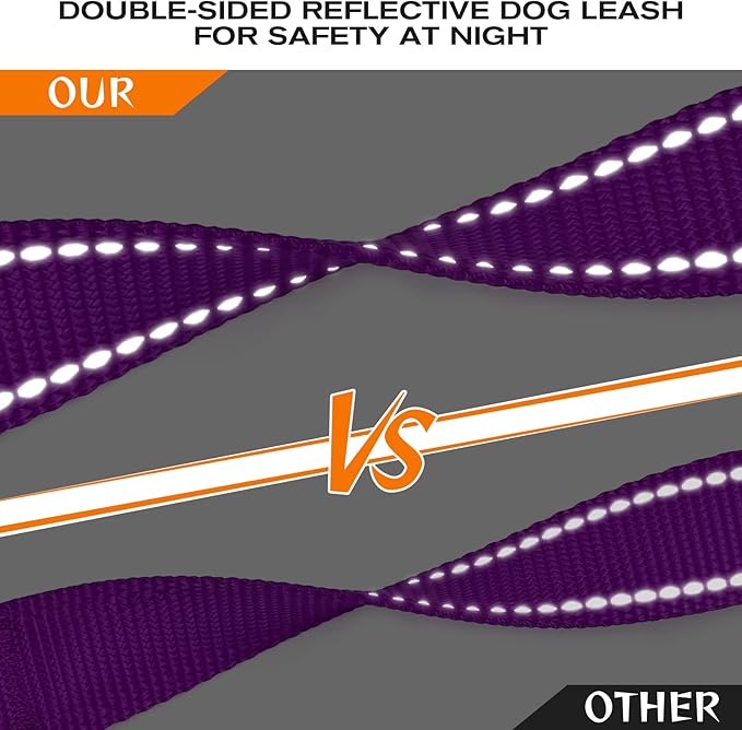 Joytale Dog Leash Heavy Duty for Large Dogs That Pull, Double Handle for Traffic Control, Double-Sided Reflective Leashes for Large Medium Dogs Night Safety, 4FT, Purple