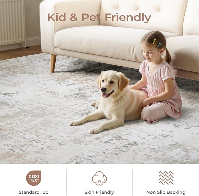 8x10 Rugs for Living Room, Neutral Large Abstract Area Rug, Non-Slip Machine Washable Carpet, Bedroom Dining Room Modern Decor, Soft Low Pile Kids Pet Friendly Cream Beige