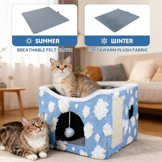 Indoor Cat Beds Large Cat Cave Pet Cube Cat House with Fluffy Ball Hanging and Scratch Pad Foldable Cat Hideaway with 2-in-1 Reversible Cushion for Small Animals Cozy Clouds Blue