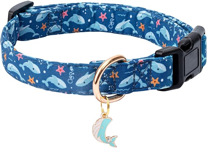 Cotton Dog Collar,Adjustable Cute Puppy Collar with Moon Patterned Design for Small Medium Large Dogs,Soft and Fancy Pet Collar with Safety Buckle for Girl Boy Dogs (Blue Whale, S)
